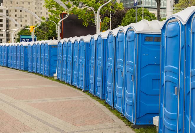 portable restrooms stationed outside of a high-profile event, with attendants available for assistance in Delta